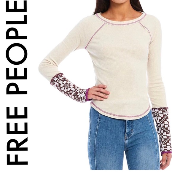 NWT FREE PEOPLE Tan Brown/white thermal sweater - Picture 2 of 11